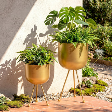 2 Pack Mid Century Modern Metal Planter with Stand, Gold