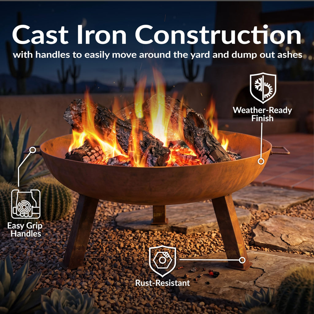 30" Heavy-Duty Cast Iron Fire Pit Bowl for Outside, Wood-Burning