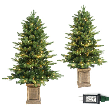 4FT Prelit Potted Christmas Tree with 150 LED, Artificial Christmas Tree Outdoor Indoor Decor, AC-Powered, Warm