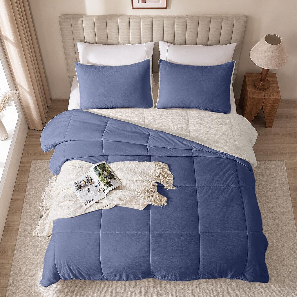 Fluffy Sherpa Comforter Set, Thick Bedding Set 3PC, Slate Blue