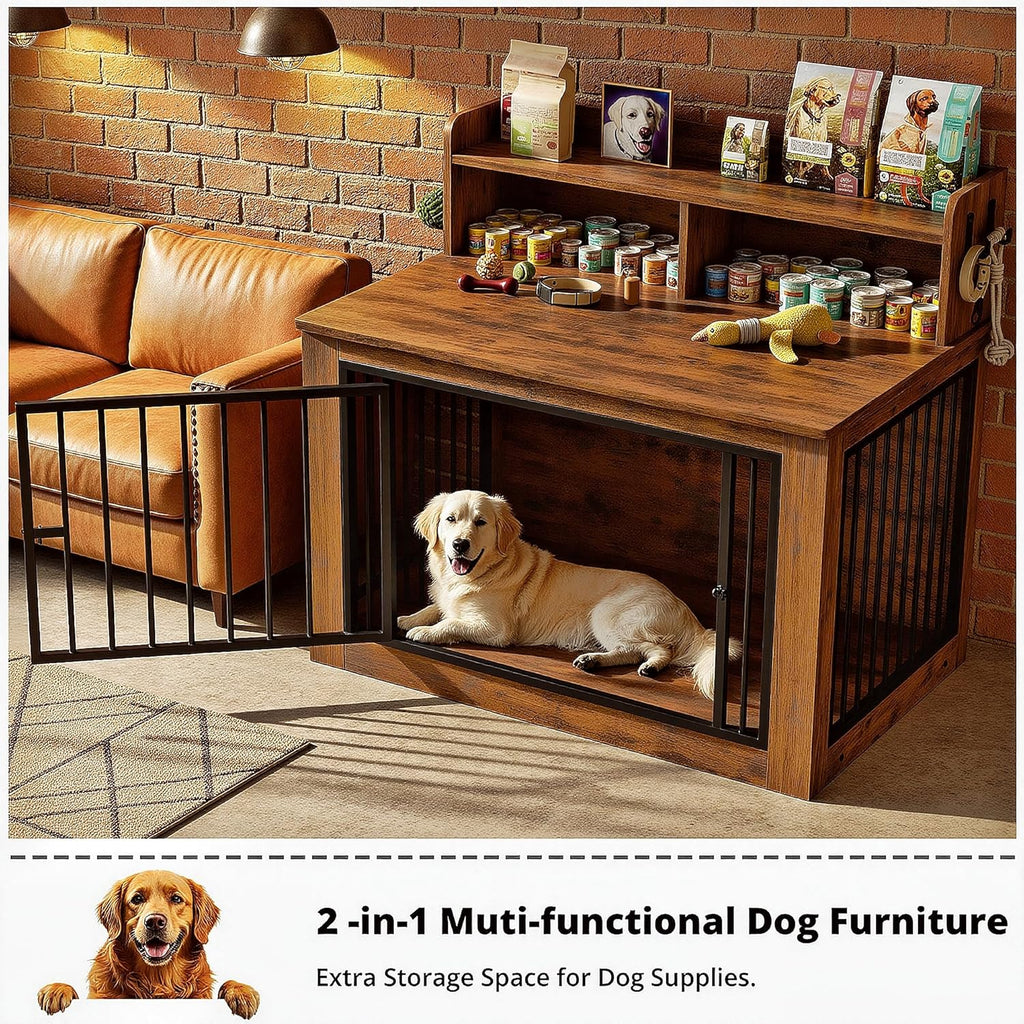 Extra Large Dog Crate Furniture, 43.3 inches Wooden Dog Crate with Storage and 4 Hooks