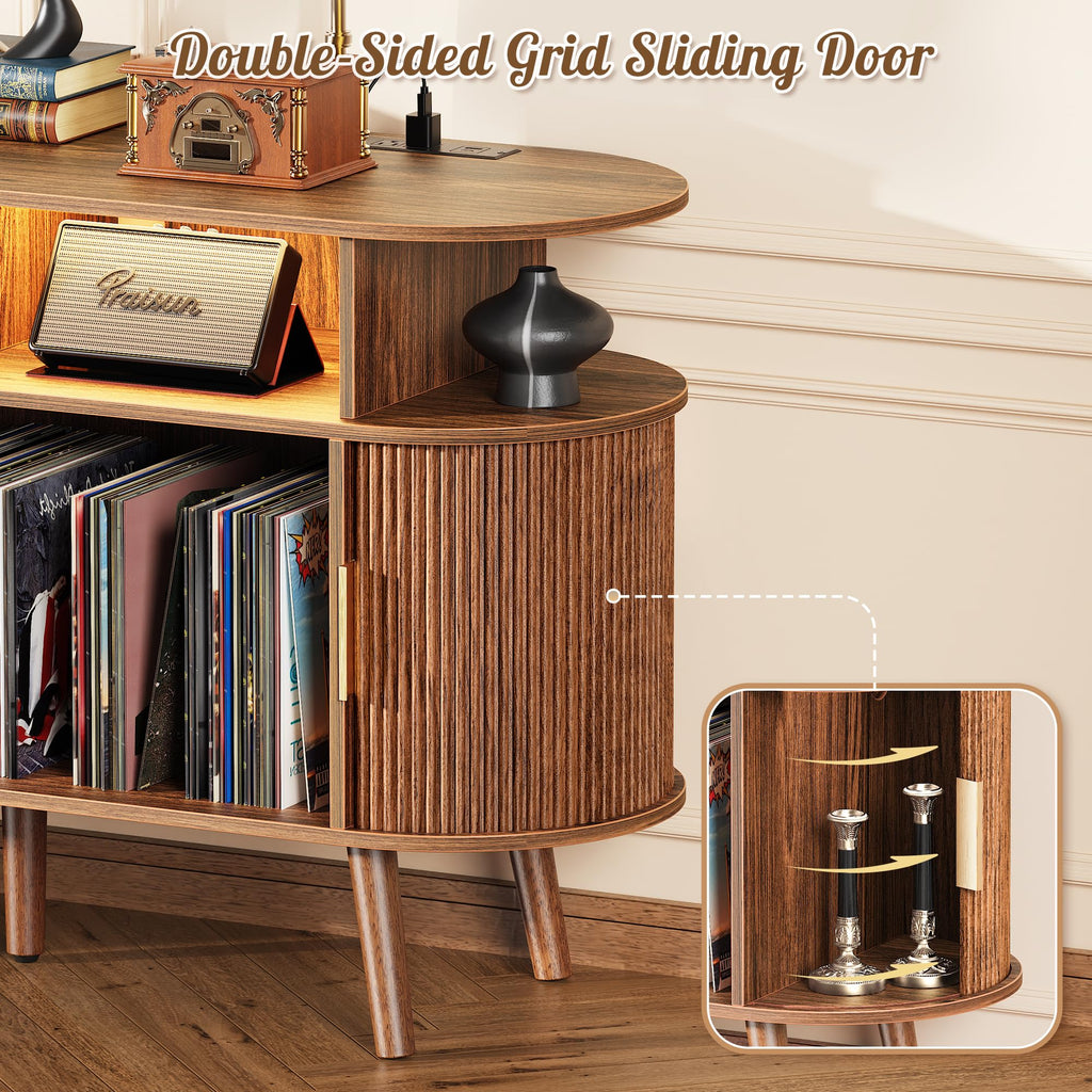 47.2 Inch Large Record Player Stand with Power Outlets & 3-Color Lights, Vinyl Record Stand with 2 Fluted Cabinets