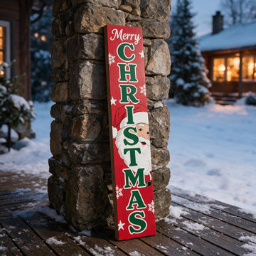 Merry Christmas Porch Sign Wooden Santa Door Sign - 47" Large Vertical Christmas Welcome Sign with Snowflakes Stars