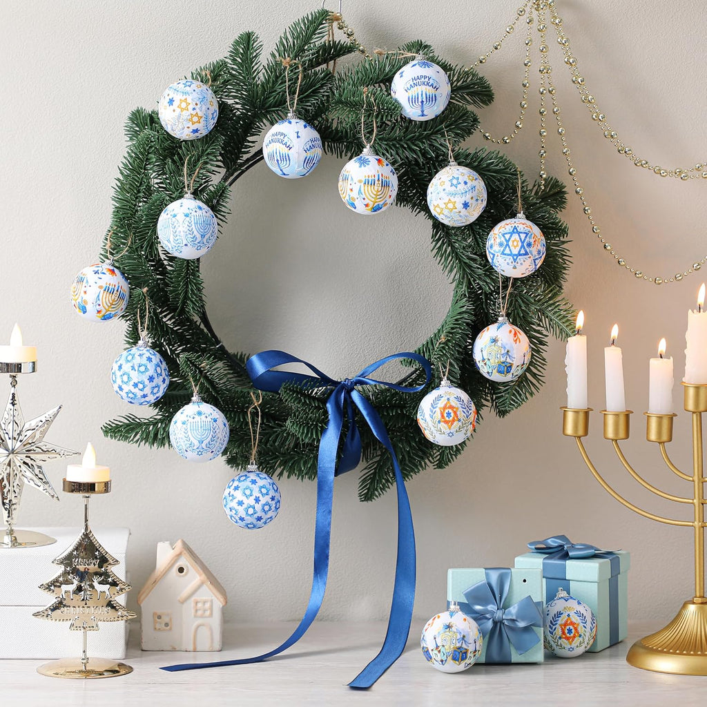 Hanukkah Ball Ornaments Hanukkah Hanging Ornament for Tree Blue and White Jewish Christmas Decorations - Set of 16