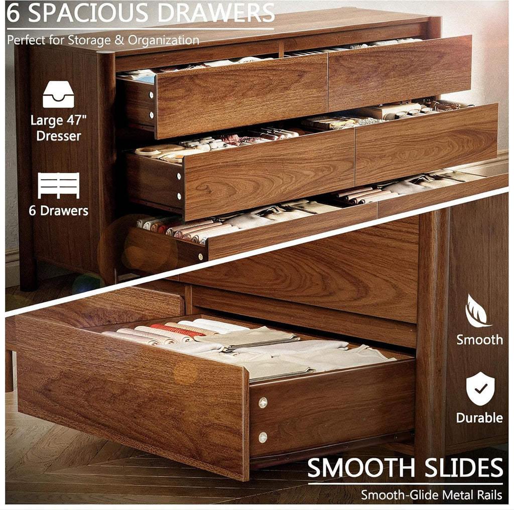 47" Wide 6-Drawer Dresser,Mid-Century Modern Chest with Solid Wood Legs, Concealed Handle,Large Wood Storage