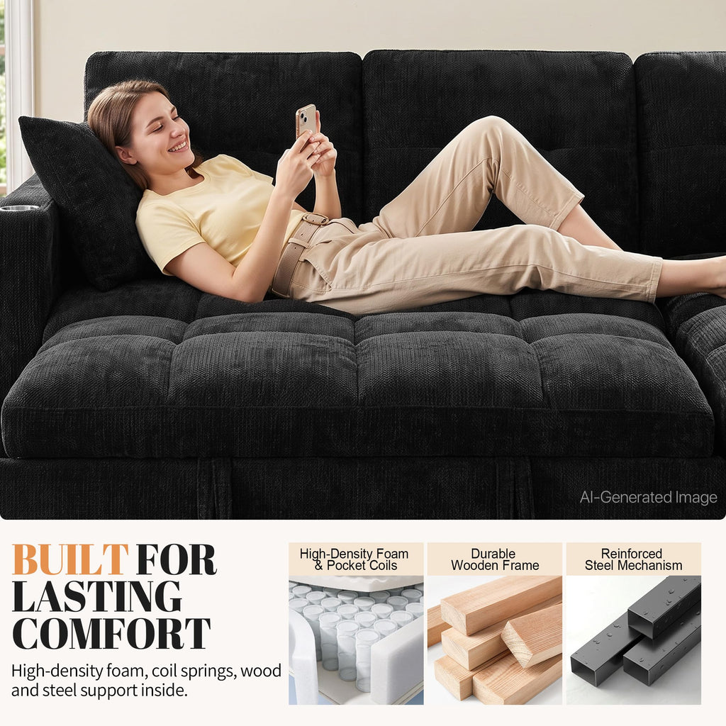 108" U Shaped Sectional Sleeper Sofa, Oversized Pull Out Sofa Bed