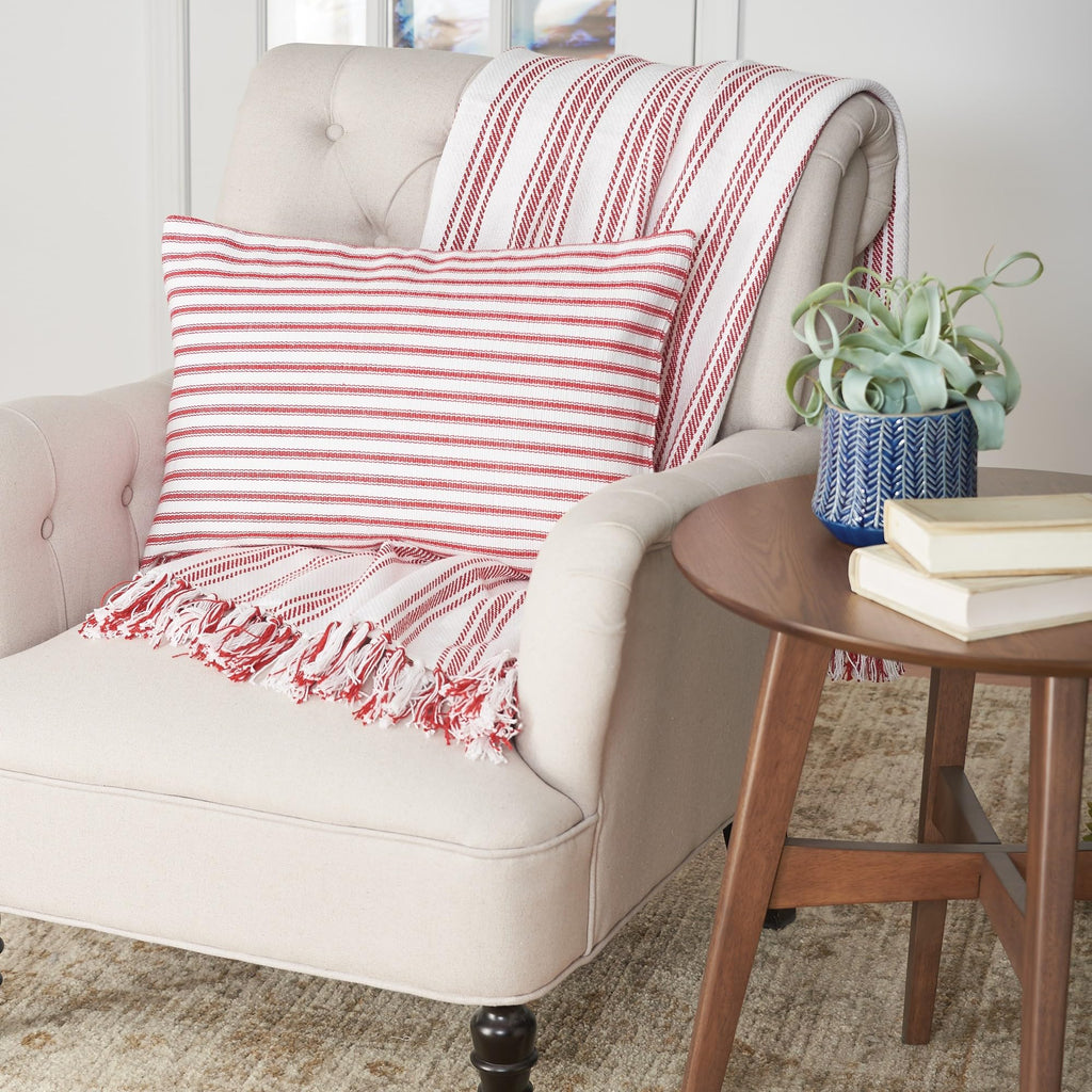 Ticking Stripe Red & White Cotton Throw Blanket 50" x 60"