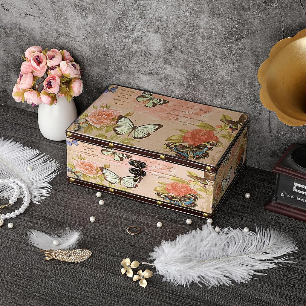Butterfly Treasure Chest Box, Wooden + PU Leather Storage Decorative Box for Jewelry Trinkets Photos, Rectangular