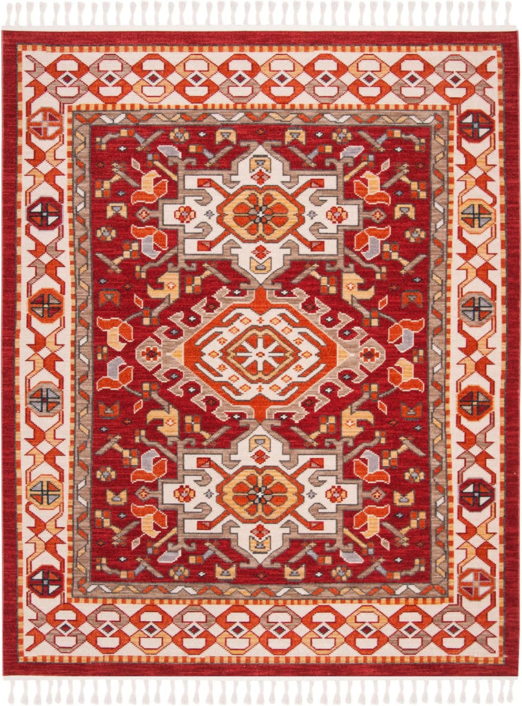 Area Rug - Farmhouse Collection - Large - Ivory & Red, Oriental Tribal Tassel Design, Non-Shedding & Easy