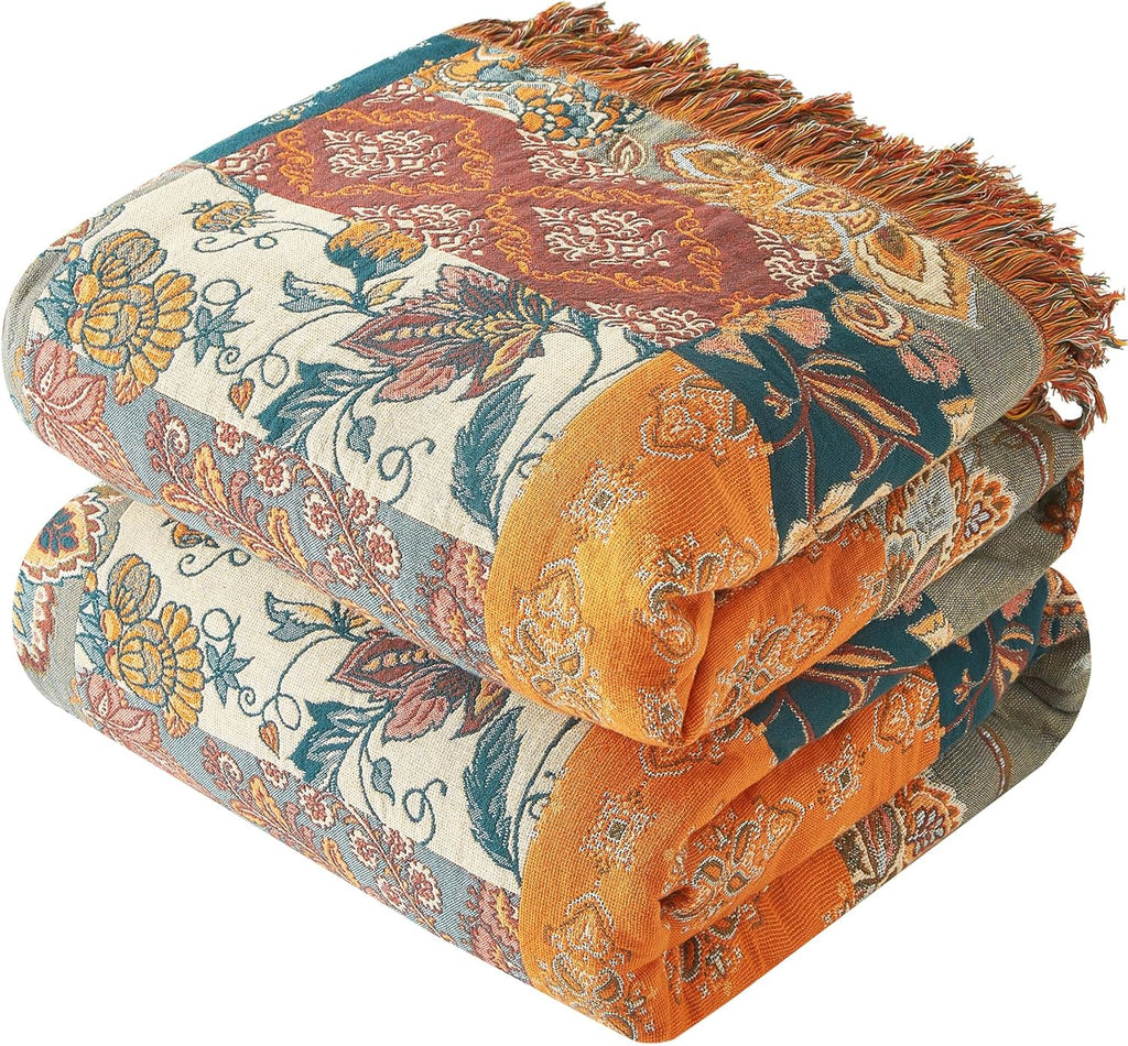 Boho Throw Blanket, 100% Cotton Woven Quilt with Tassel 60”x80”, Super Soft Muslin Blanket with Floral Printed
