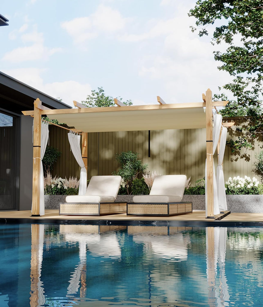 10 x 13 ft Wood Grain Aluminum Pergola with Retractable Canopy & Netting, Outdoor Sun Shade Shelter for Patio, Garden