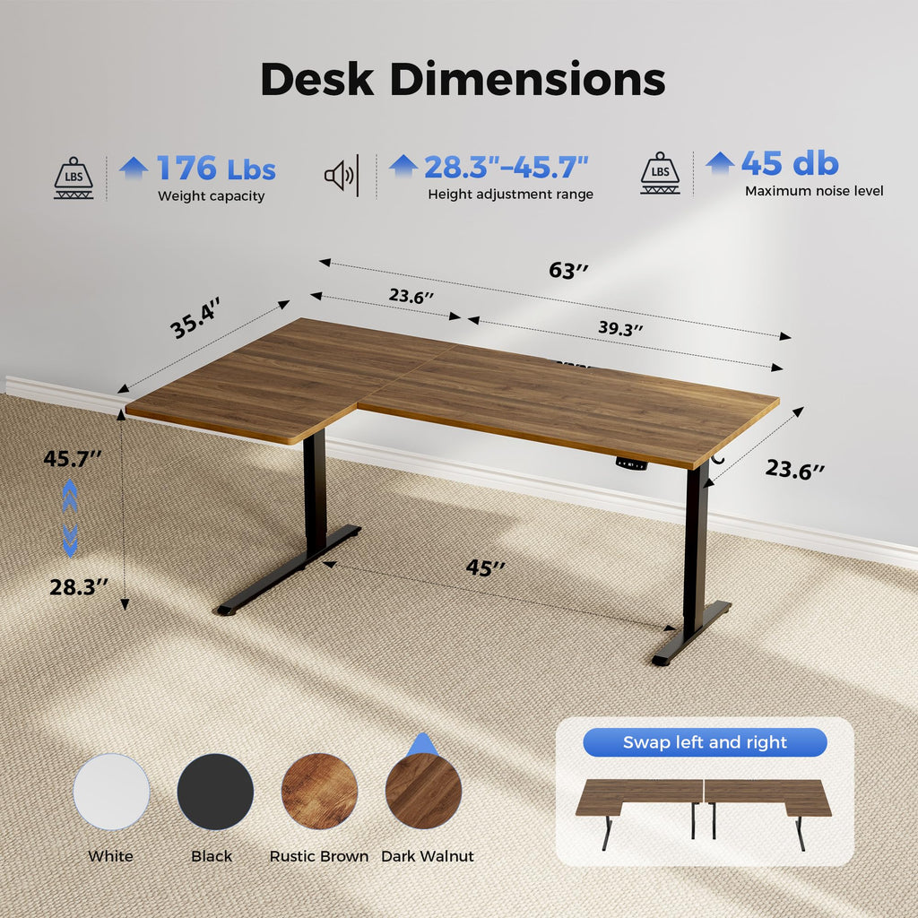 63 * 35 Inch Reversible L Shaped Electric Standing Desk, Walnut