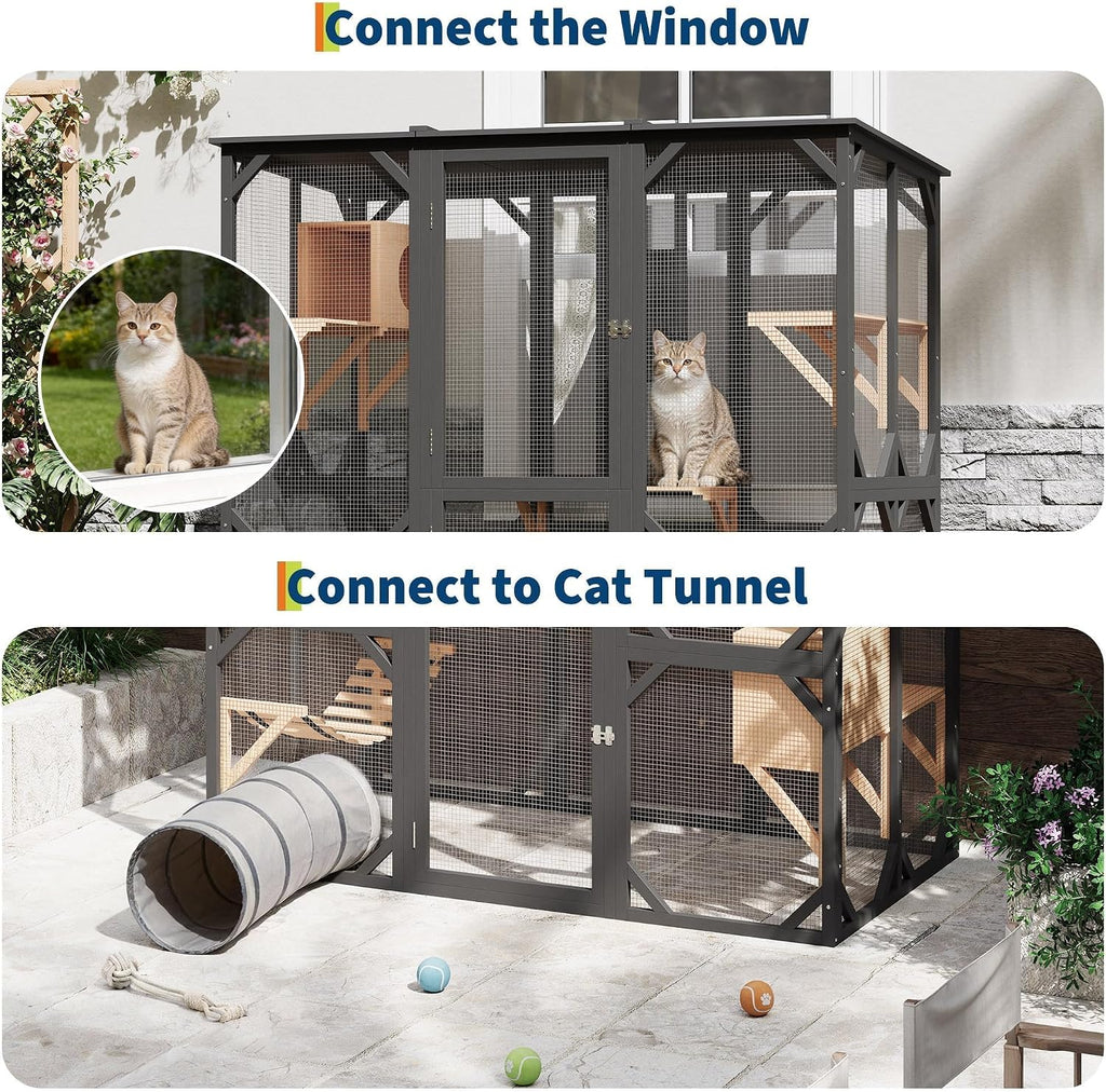 Walk-in Wooden Catio for Multiple Cats, Outdoor Enclosure, Black