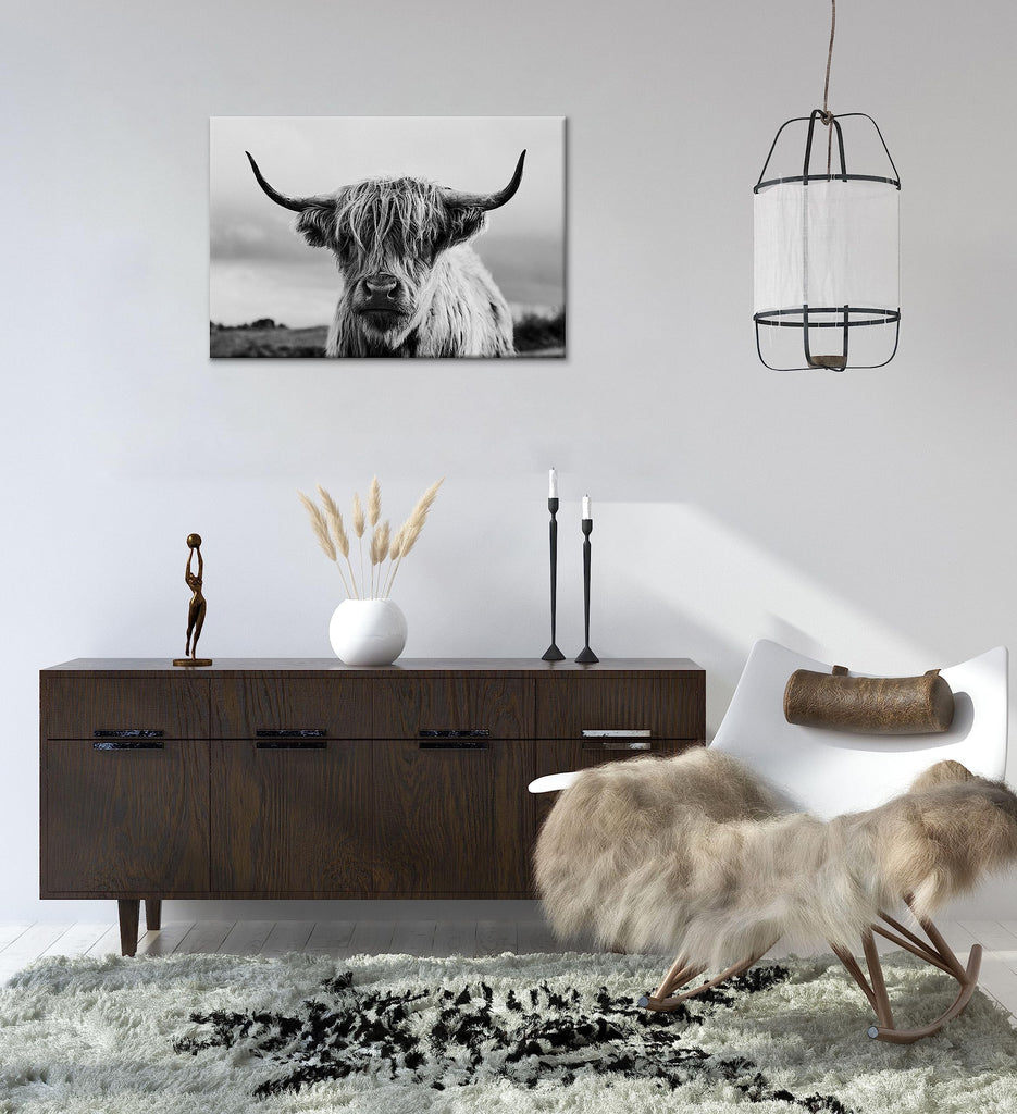 Highland Cow Wall Art Canvas Print Black and White Animal Canvas Picture Framed Art Wall Decor Bathroom (20x30 inch)