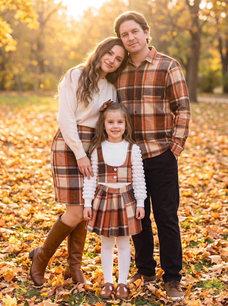 Toddler Girls Plaid Outfits Puff Sleeve Knit Ribbed Tops Button Down Vest Plaid Skirt Set Girls Fall Winter Clothes