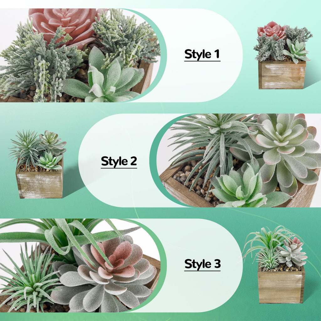 3 Pack Fake Succulents Plants in Wood Pots for Farmhouse Decor