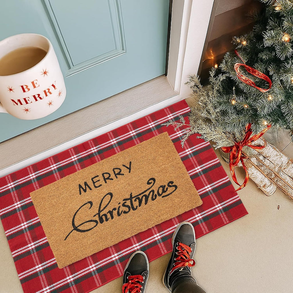 Christmas Door Mat Combo Set - 100% Coco Coir Welcome Mat + 3' x 5' Red Green White Plaid Rug, Christmas New Year