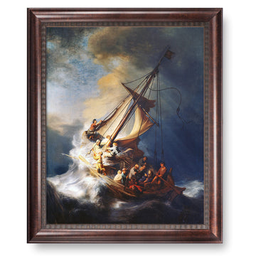 Christ in The Storm On The Sea of Galilee by Rembrandt van Rijn Dark Brown Faux Wood Grain Framed Size:35.5 x 29.5