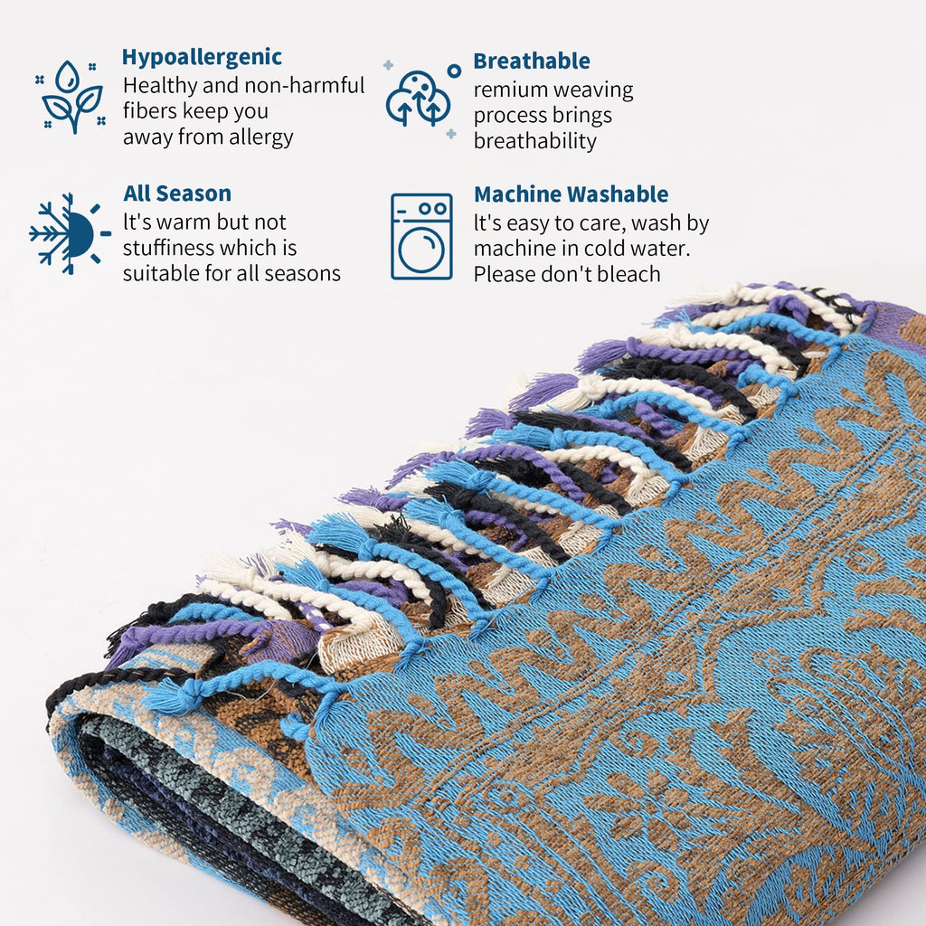 Boho Throw Blanket - Hippie Chenille Jacquard Bohemian Chair Couch Sofa and Bed Furniture Cover with Colorful Tribal