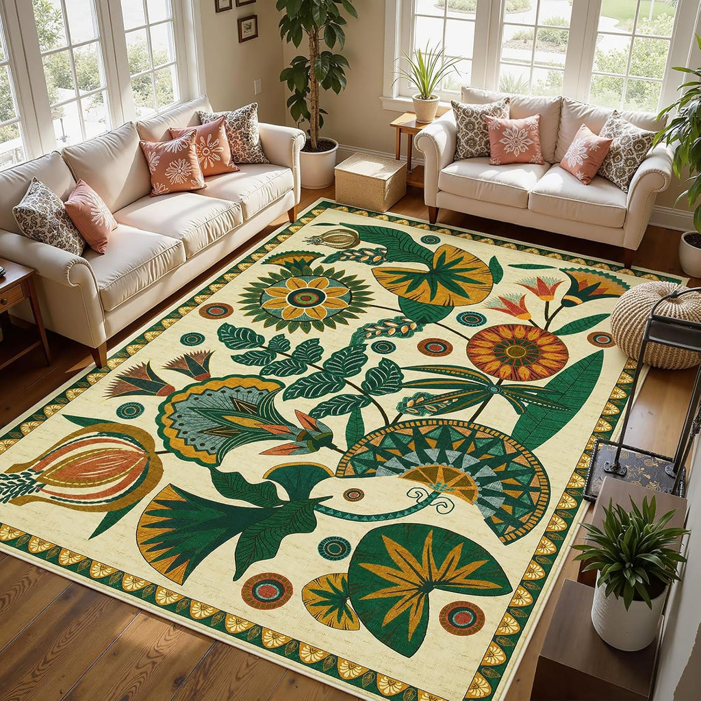 Egypt Floral Boho 9x12 Rugs for Living Room, Large Beige Washable Area Rug for Bedroom Dining Room T