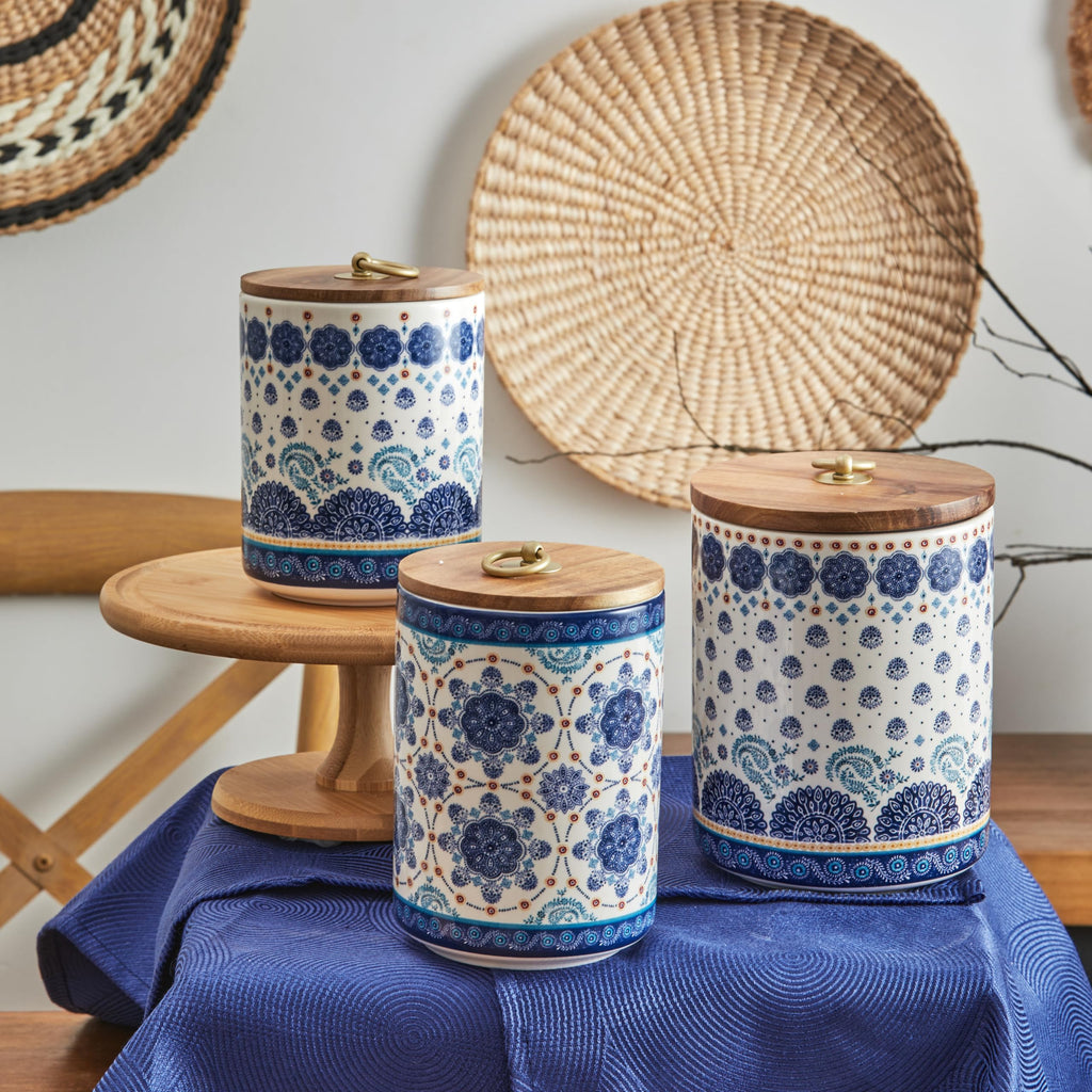 Blue Talavera Ceramic Canister Set of 3 Counter, 62oz, 40oz, 32oz each, with Wooden Air Tight Lid, Food Storage Jar