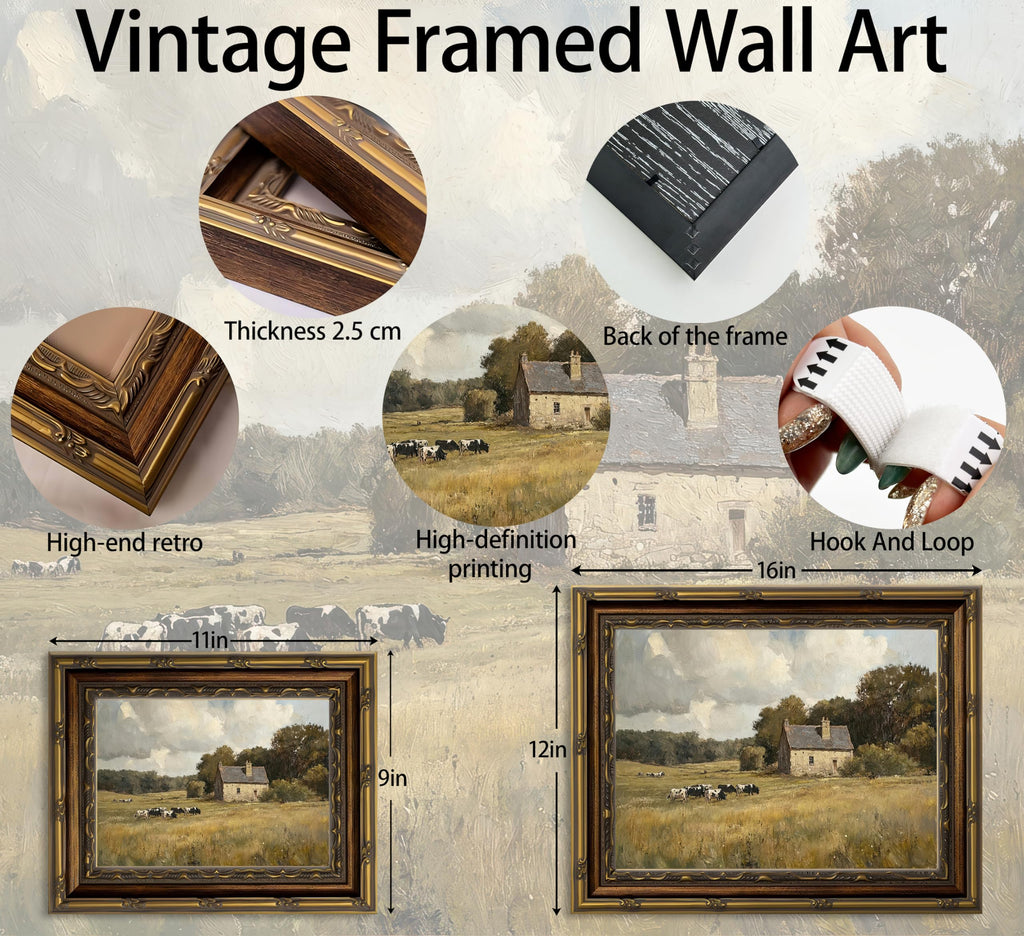 Vintage Cow Farm Landscape Framed Wall Art 12x16 In
