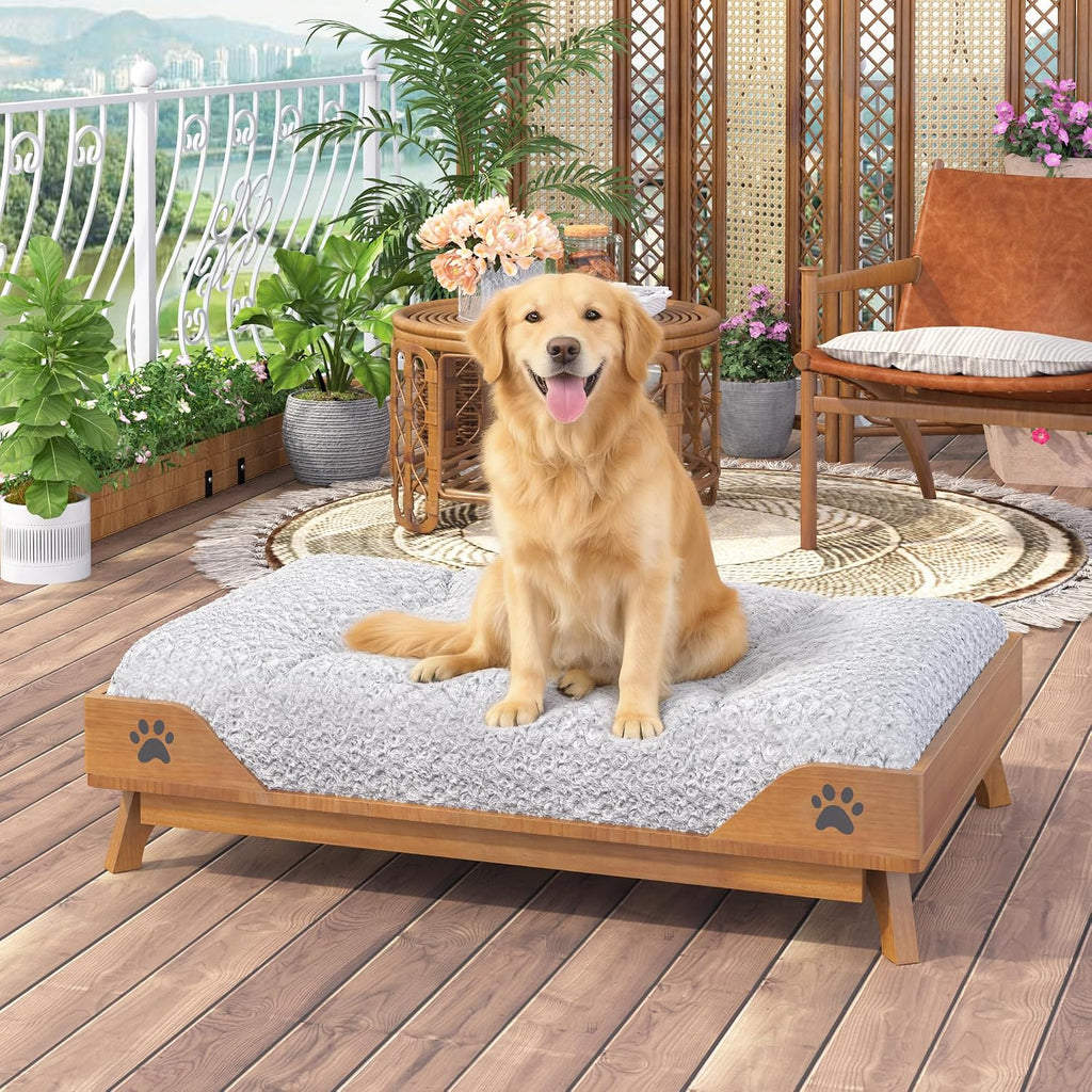 Elevated Solid Wood Large Dog Bed - Brown Pet Bed Frame with Soft Cushion Washable, Mid-Century Modern Raised Dog