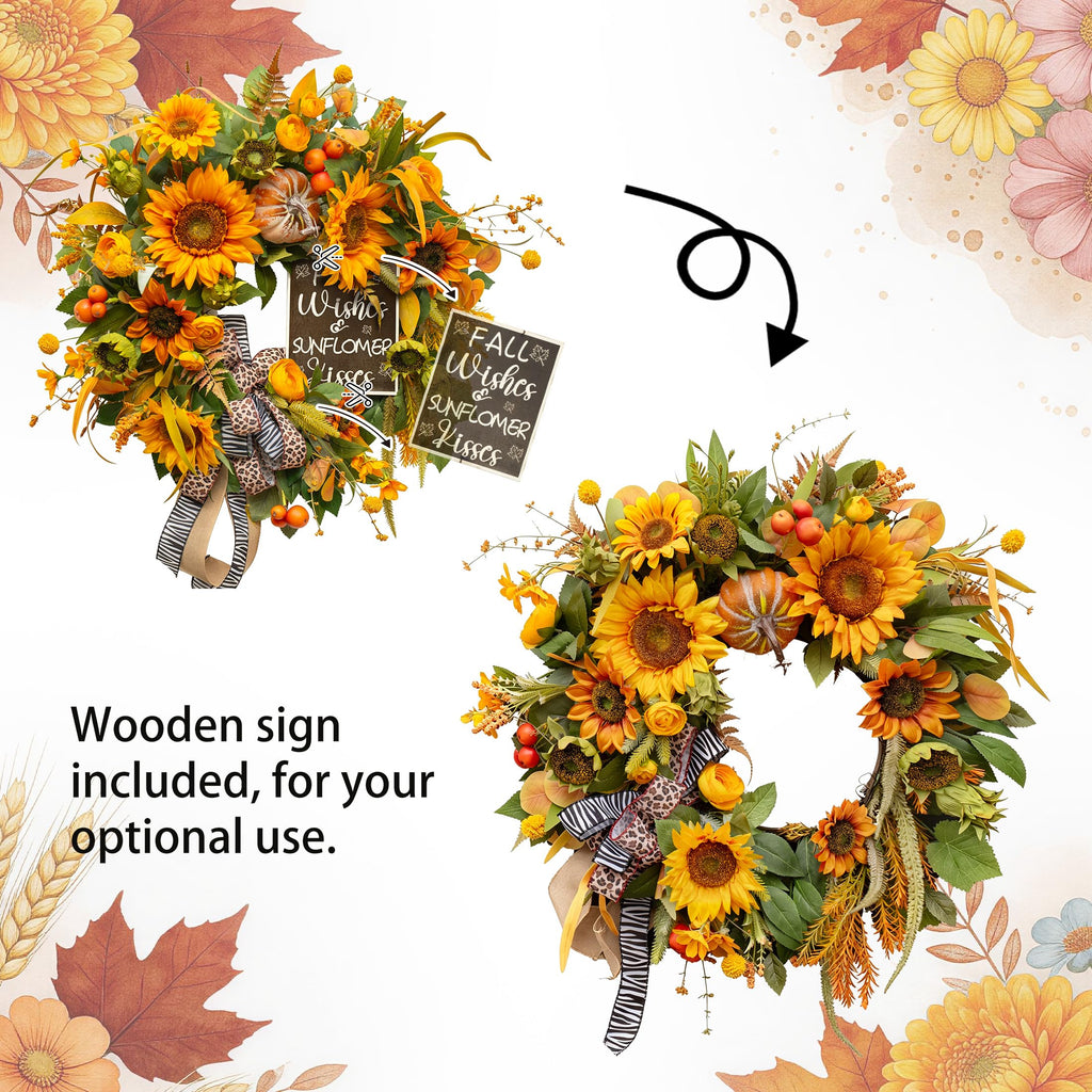 Fall Wreaths for Front Door 24 Inch, Autumn Harvest Wreath with Sunflower