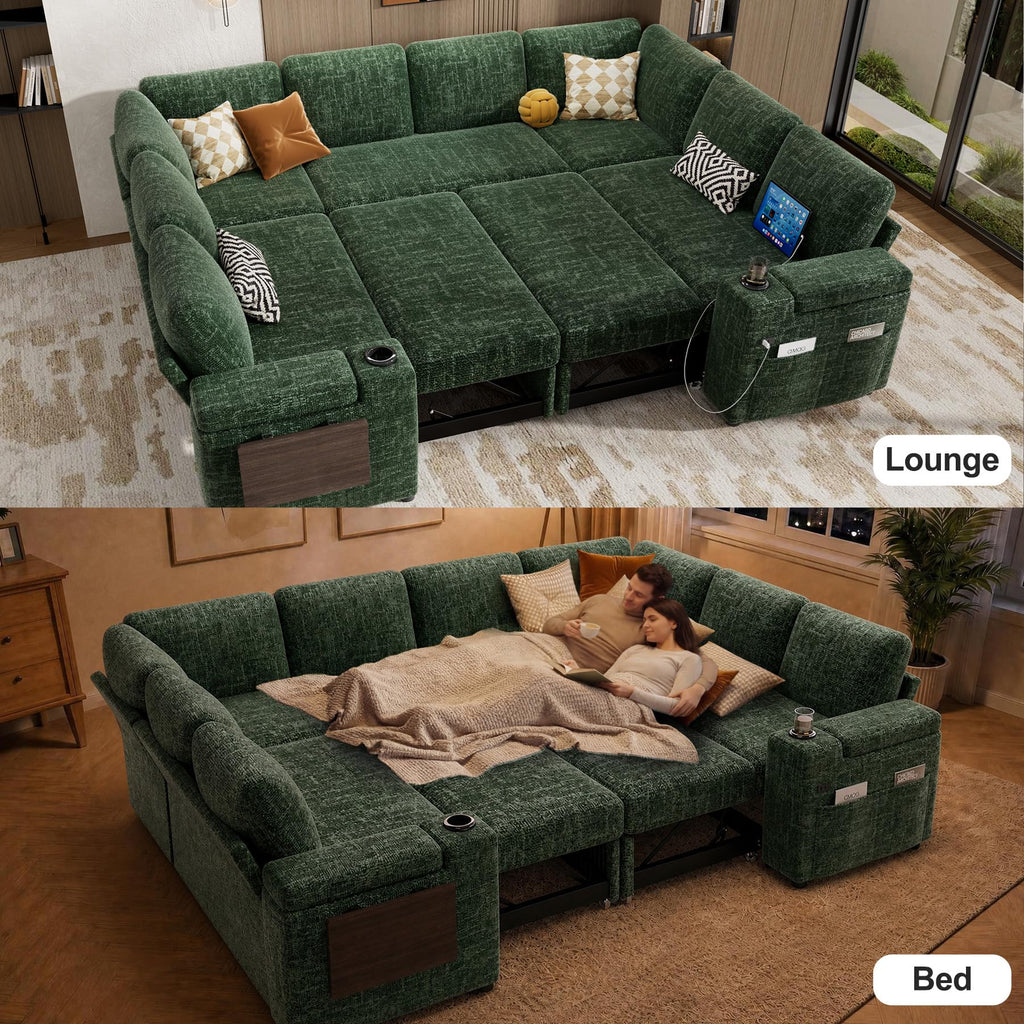 111" Modular Sectional Sleeper Sofa with Pull Out Bed, 8 Seat Chenille U Shaped Couch with Storage Chaise|USB