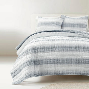 Yarn Dyed Textured Stripe Waffle Quilt Set, 3 Piece Set, Navy & White - Soft Waffle Bedding Set - Blue Quilt