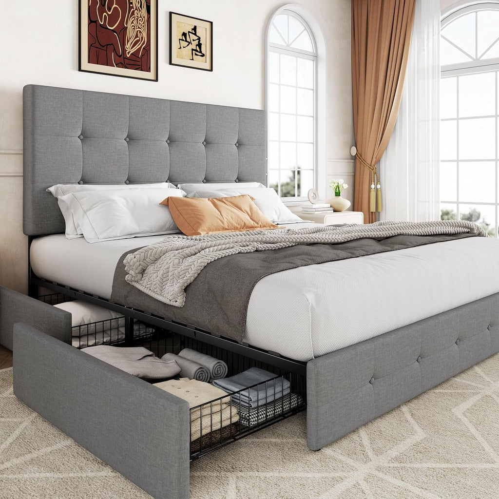 Upholstered Queen Platform Bed Frame with 4 Storage Drawers and Headboard, Square Stitched Button Tufted