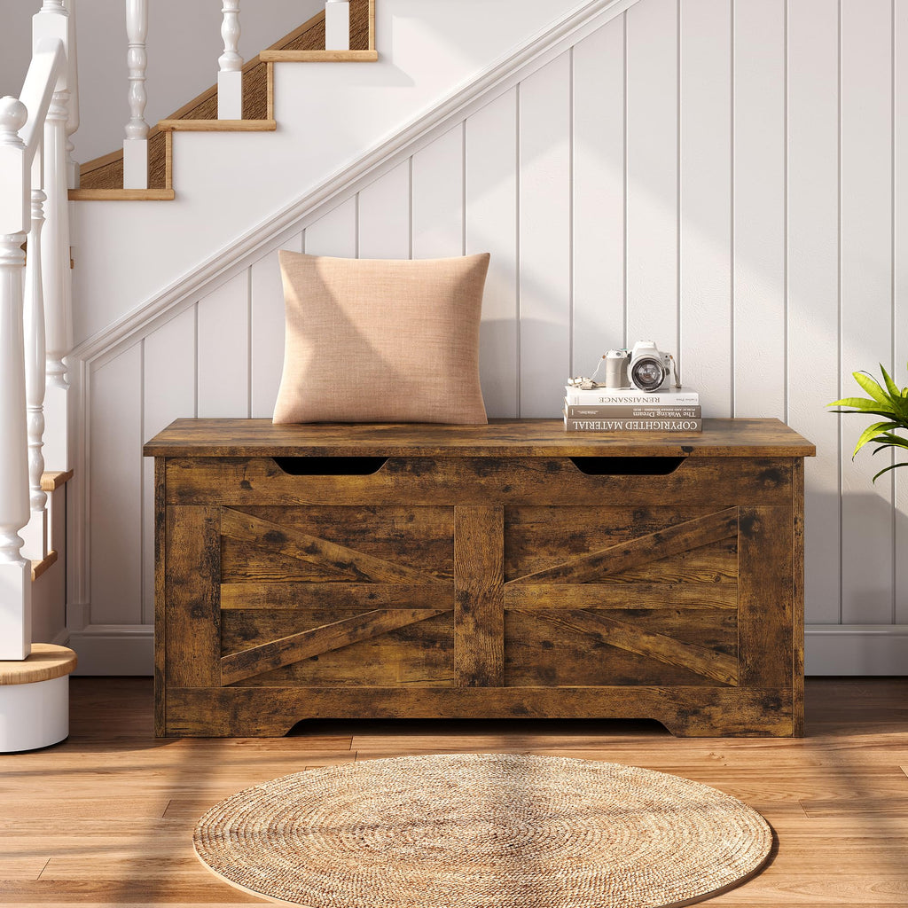 39.4" Storage Chest, Wooden Storage Bench with Safety Hinge, Retro Blanket Storage Trunk, Supports 350 lb, Rustic