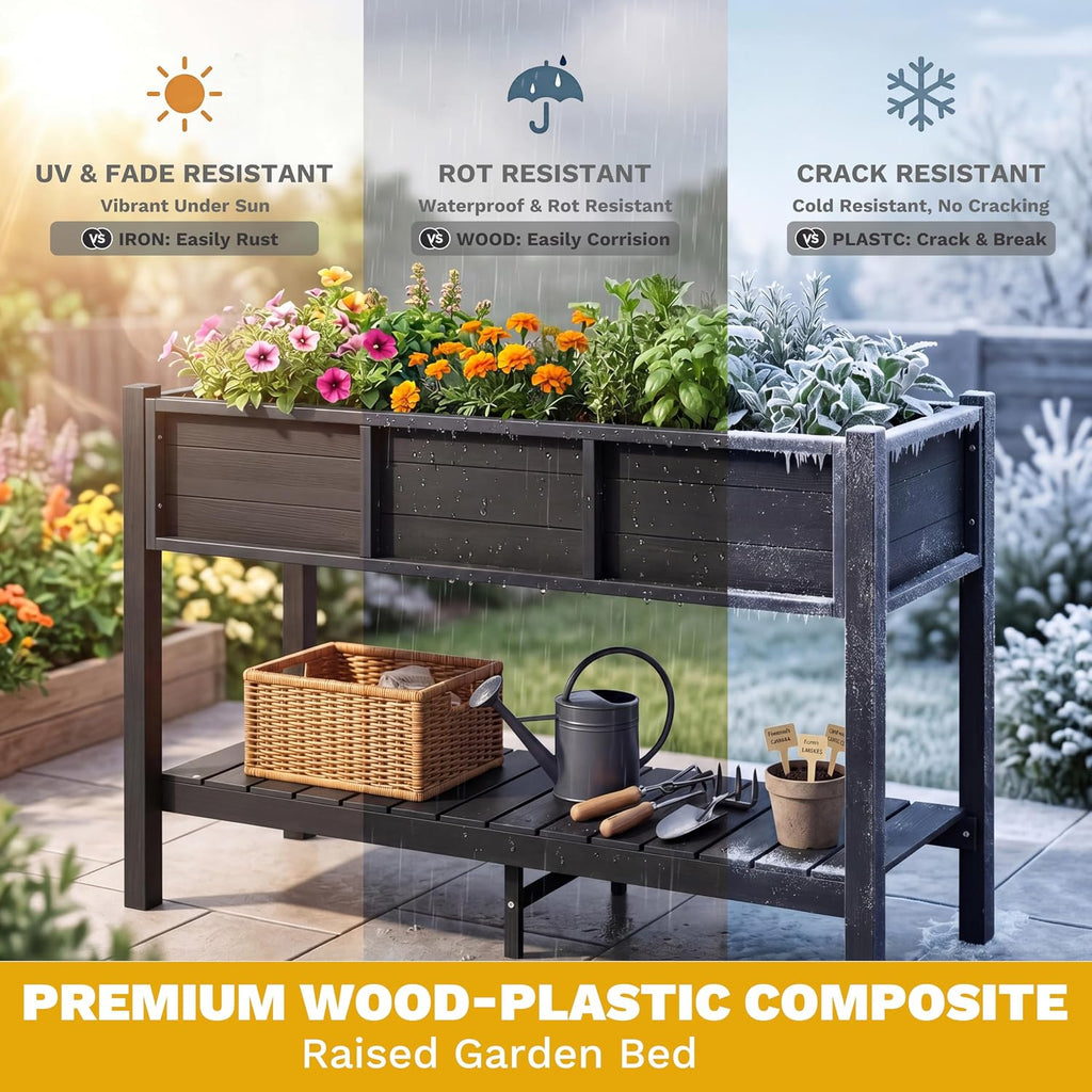 48x18x30in Raised Garden Bed Kit, HDPE Planter Box Stand, Poly Wood Weather-Resistant Planter Box with Legs & Storage