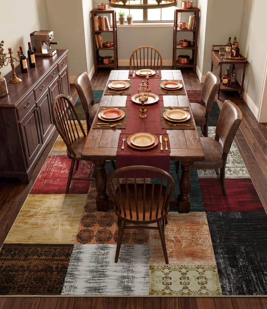 Mid Century Modern Vintage Cowboy Area Rug, Retro Patchwork Rug Non Slip, Red and Brown Floral Farmhouse Rugs