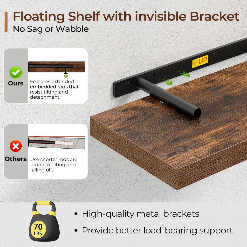 Floating Shelves for Wall 36 Inch Set of 3, Farmhouse Floating Shelves with Invisible Heavy Duty Bracket, 10 Inch
