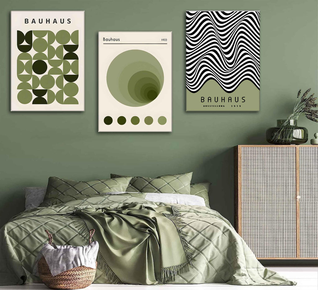 Green Bauhaus Wall Art, Mid Century Geometric Wall Decor, Set of 3, 12x16in