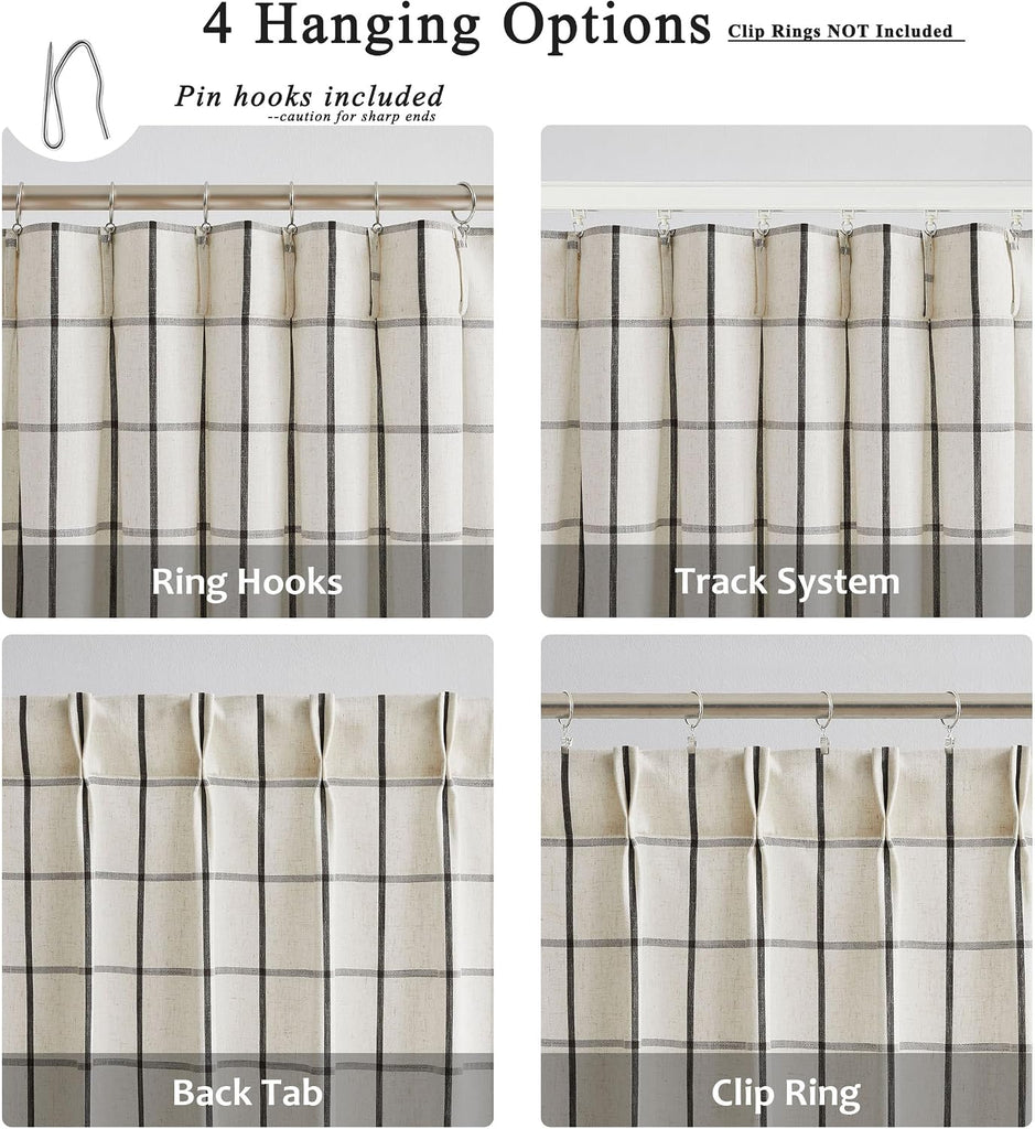 Black Plaid Pinch Pleat Semi Sheer Checkered Linen Blended Window Curtain Drape 95 Inch for Farmhouse Living Room