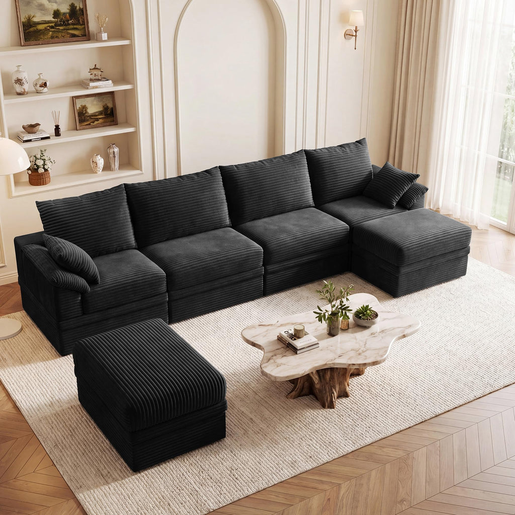 142" Modular Sectional Sofa Boneless Couch with Storage, U-Shape 4 Seat Comfy Modern Couch Sofa with Chaise, 27" Deep