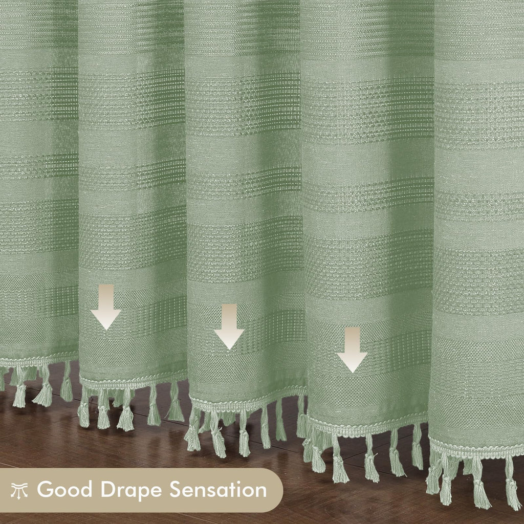 Light Green 78 Inch Long, Boho Thick Linen Textured with Tassel, Farmhouse Minimalist Striped Weighted Machine