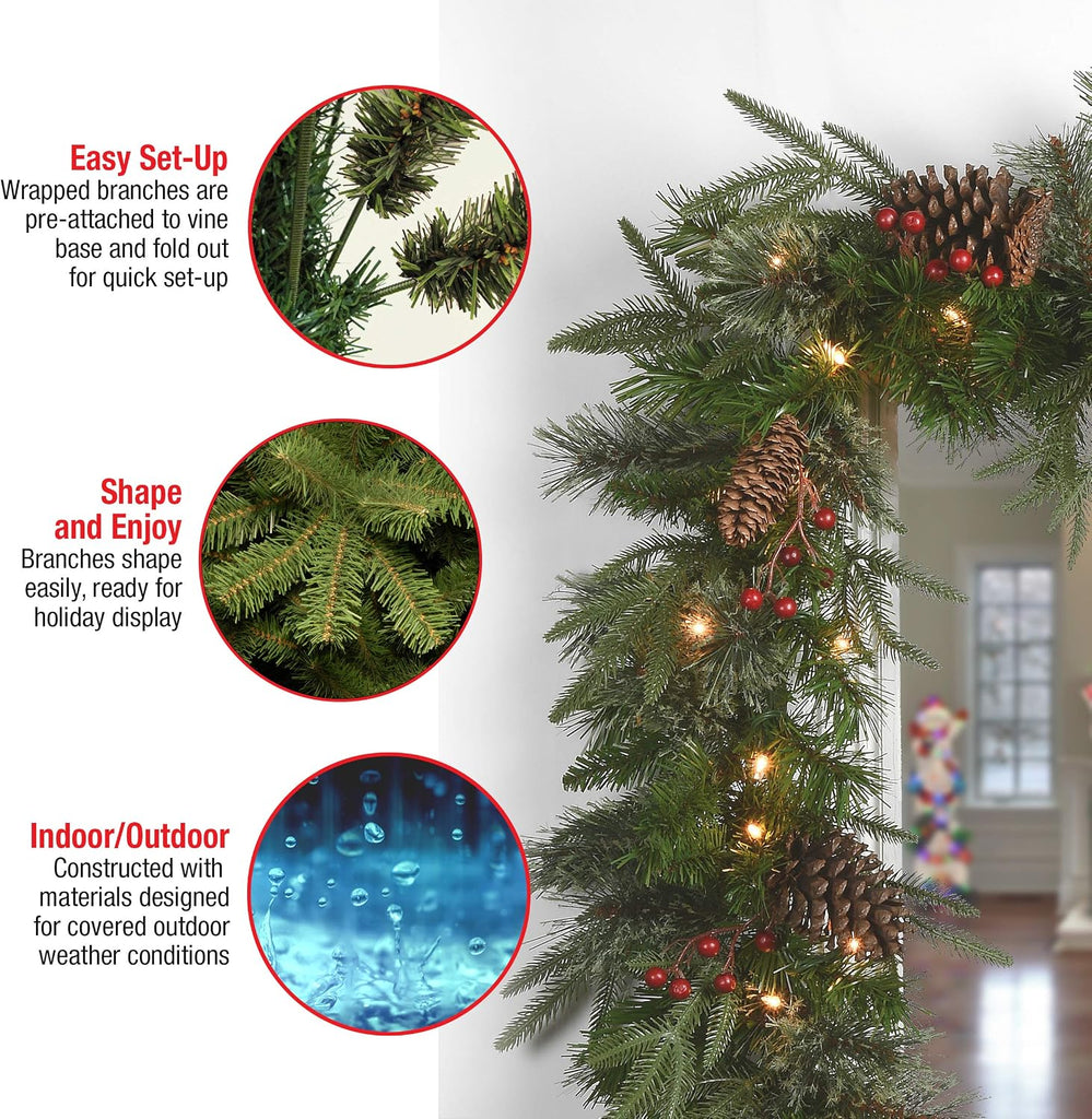 Tree Company 9ft Pre-Lit Colonial Fir Artificial Christmas Garland | 50 Clear Lights, 180 Tips, Christmas Decoration