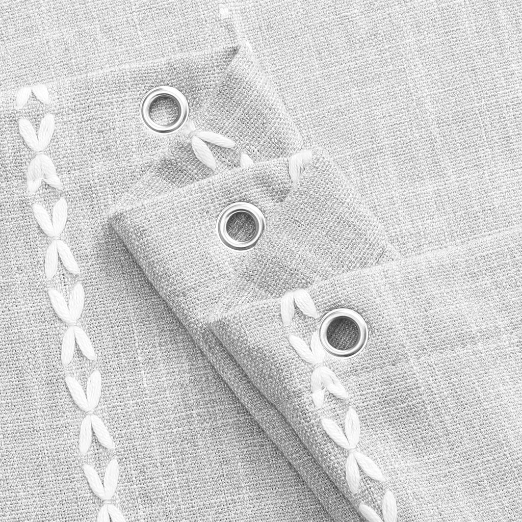 Farmhouse Tassel Linen Shower Curtain, 3D Embroidery Stripe Light Grey, 72x96