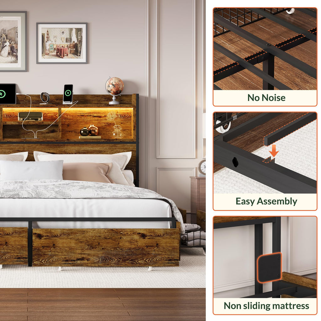 Queen Size Bed Frame with 6 Storage Drawers and Headboard Wooden Platform Bed Frame with LED Lights and Charging