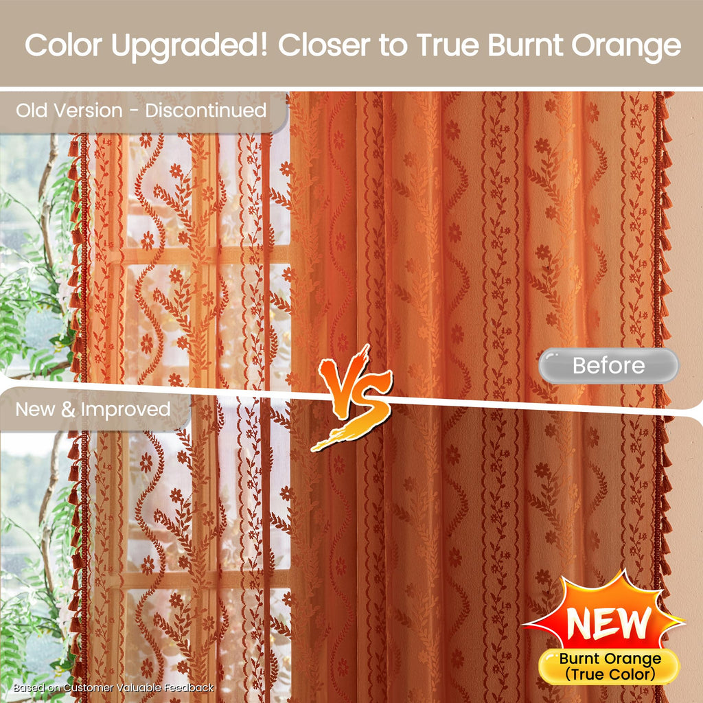 Boho Lace Curtains 84 Inch 2 Panels-Vintage Sheer Panel Drape Floral Pattern & Tassel Light Filtering Privacy Dining