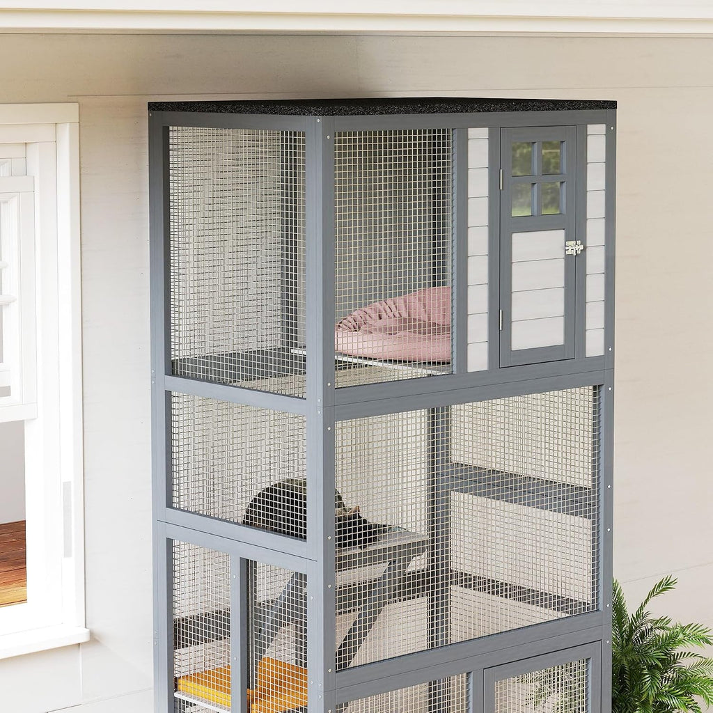 74" Wooden Catio Outdoor Cat Enclosure Weatherproof & Wheeled, Outside Cat House with High Weight Capacity, Kitten
