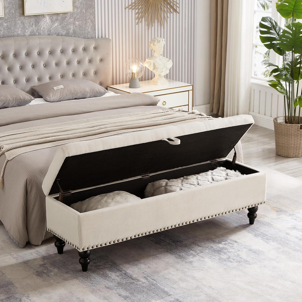 59" Long Storage Ottoman Bench for King Bed End,Linen Upholstered Benches with Storage,Mid Century Modern Bench
