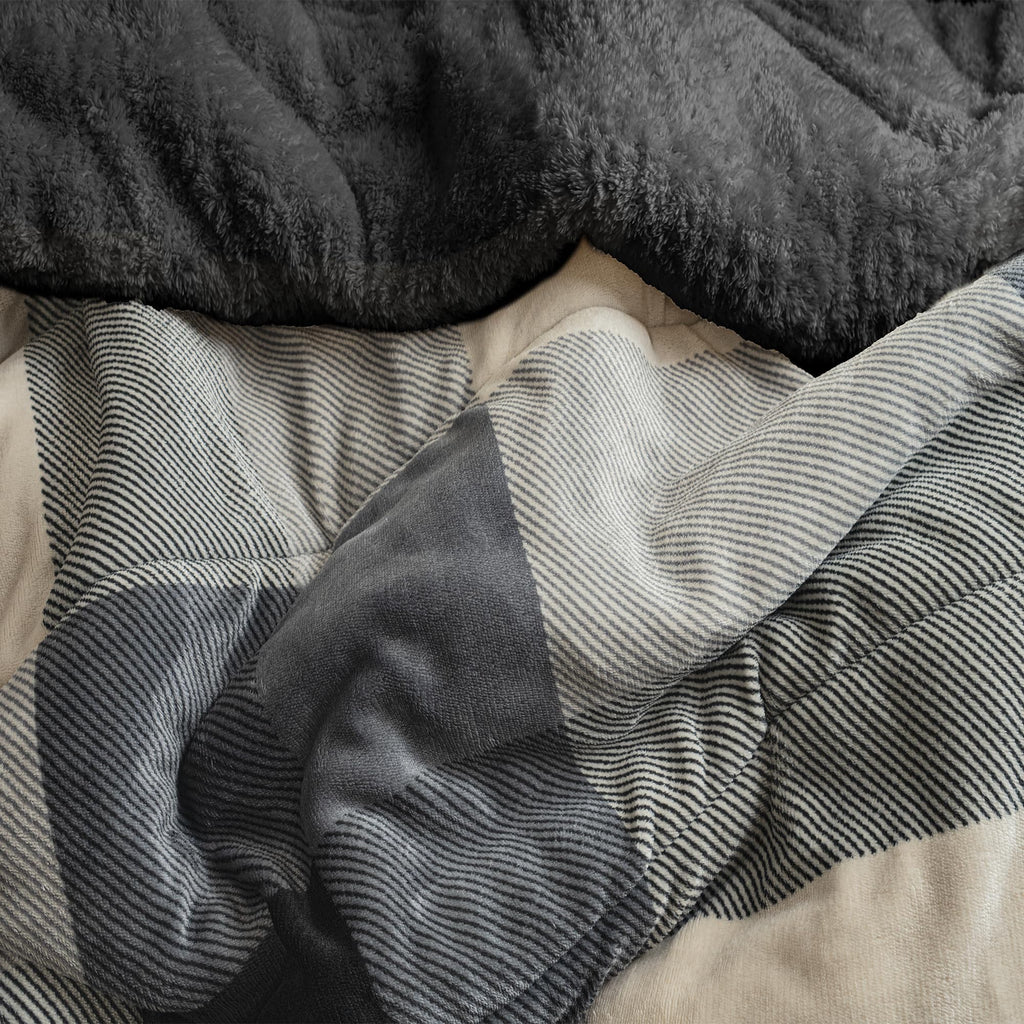 Black Grey Plaid Full/Queen Reversible Sherpa Throw Blanket Plush