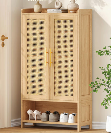 Rattan Shoe Cabinet with Doors & Adjustable Shelves, Natural Oak