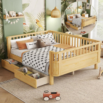 Bed Frame for Kids with Rails, Montessori Bed with Storage Drawers, Low Profile Platform Beds with Pine