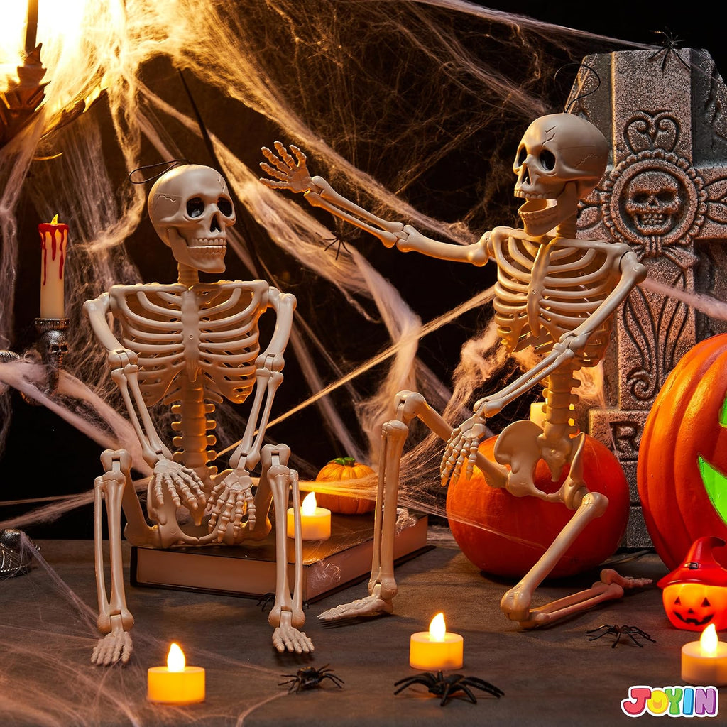 24" Halloween Skeleton Decor, 2 FT Full Body Stayable Posable Skeletons for Halloween, Yellow Human Plastic - Set of 2
