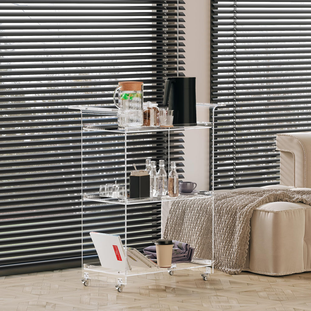 Acrylic Bar Cart - Clear 3-Tier Utility Rolling Serving Cart with Lockable Wheels, Modern Transparent Bar Cart, or